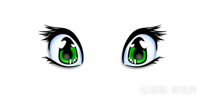 写实的人类漫画动画风格的眼睛，绿色的设计或创作卡通卡瓦伊人物孤立在白色背景上。 矢量插图剪辑艺术图标。