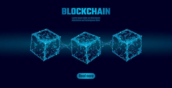 Blockchain 立方体链符号的平方码大数据流信息。蓝色霓虹灯发光的现代趋势。Cryptocurrency 金融比特经营理念