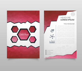 商业载体。 小册子模板布局，封面设计，年度报告，杂志传单在A4与红色飞行三角形，方形圆圈，花多边形，为科学团队。 抽象抽象