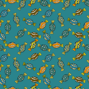 矢量无缝图案与糖果在蓝色，黑色，绿色和黄色。 甜蜜的纺织卡网页设计美味的现实接缝背景图形奇妙的糖果。