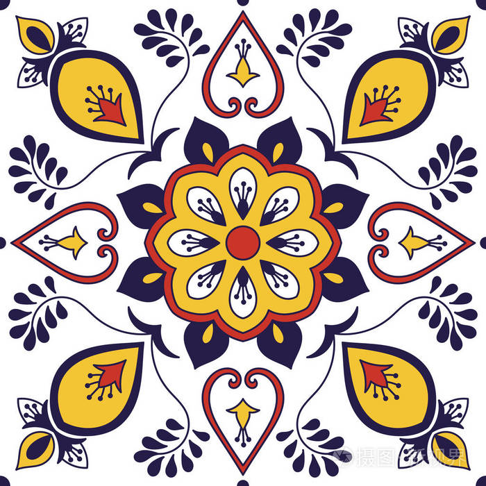 墨西哥瓷砖图案矢量与花卉图案.