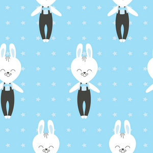 可爱的小兔子图案。 卡通动物男孩打印矢量无缝。 蓝色背景与兔子在蝴蝶结儿童睡衣，T恤托儿所艺术尿布织物或儿童生日聚会。