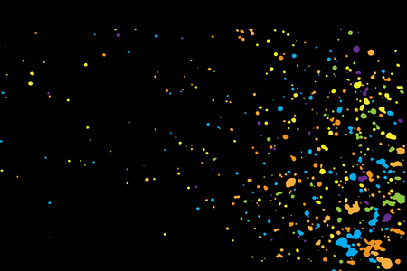 黑色背景上的抽象颜色飞溅插图。 黑暗背景上五颜六色的纸屑。 书法墨水滴在纸上，随机图案背景在颜色上。