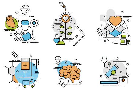 一组医学的轮廓图标。 网站移动应用程序设计和打印的彩色图标。