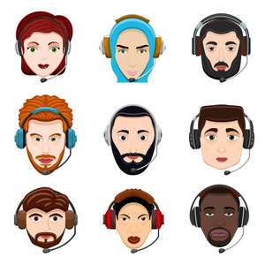 客户服务标志. 带有耳机的不同民族男女头像卡通样式矢量图照片
