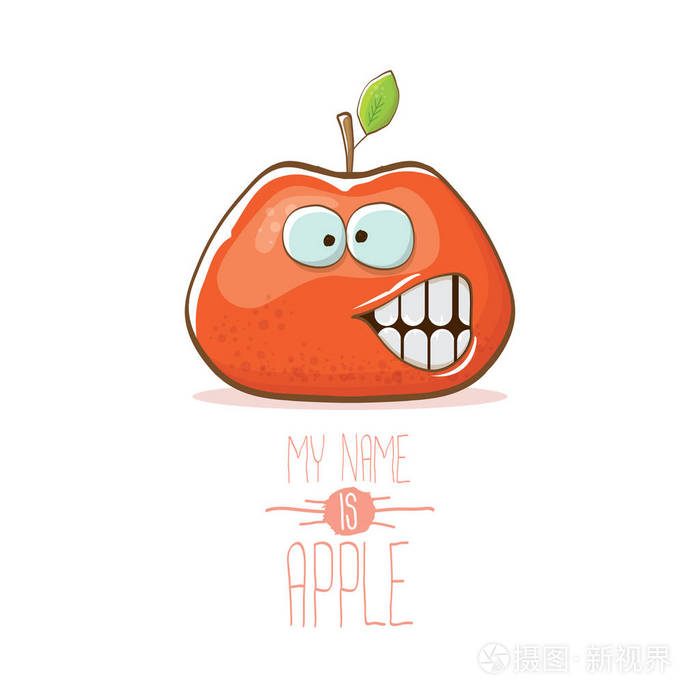 矢量滑稽卡通可爱的红色苹果字符在白色背景下隔离 我的名字是苹果向量概念 超级时髦的水果食品字符插画 正版商用图片128m1p 摄图新视界