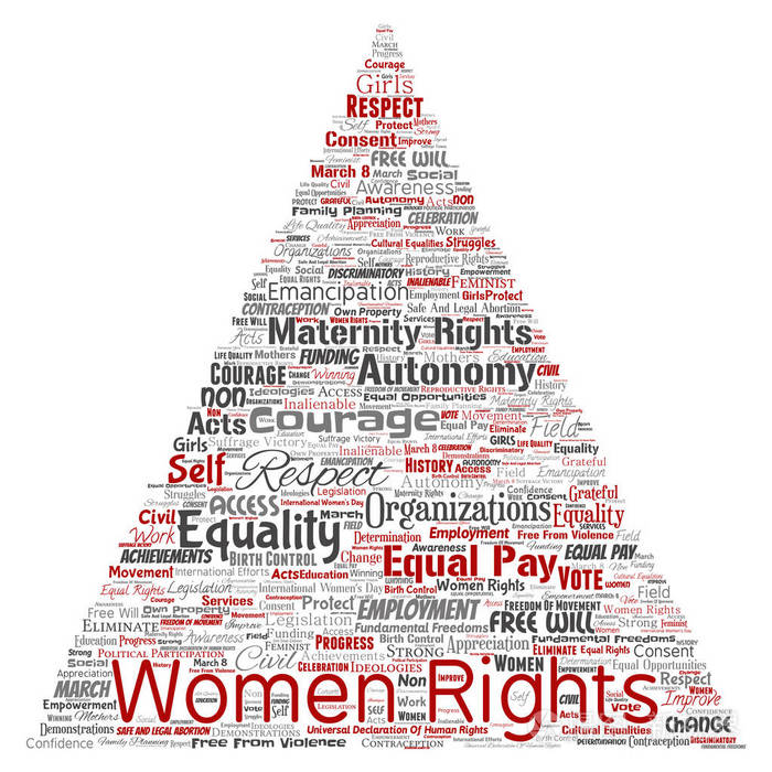 矢量概念女性权利, 平等, 自由意志三角形箭头红字云孤立背景.