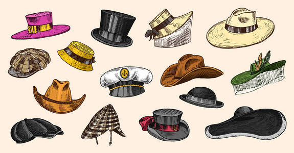 夏季老式帽子收集为优雅的男人, 女人, 女性和女士。软呢帽德比猎鹿帽洪堡圆顶草帽队长牛仔 Porkpie Boater。复古时尚