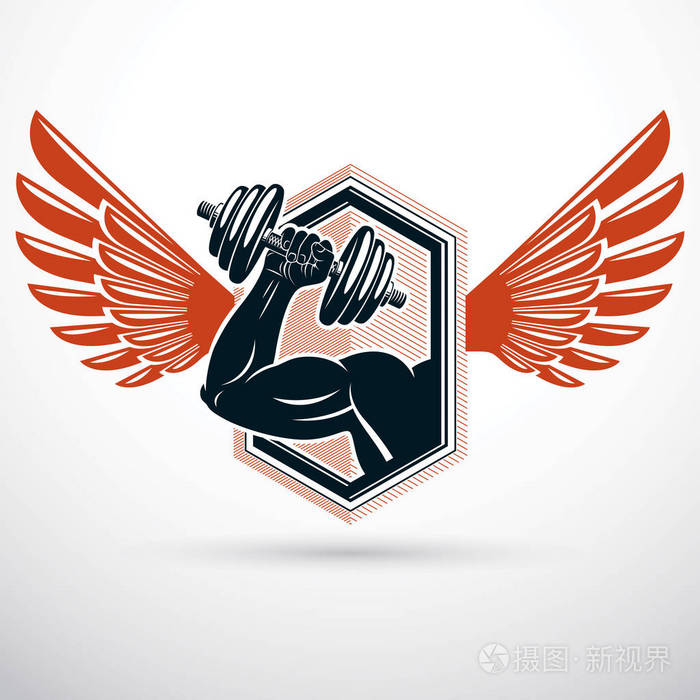 矢量翅膀插图健美运动员肌肉手臂握哑铃动力提升和交叉配合