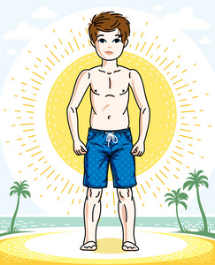 可爱的男孩穿着时尚短裤站在海滩上，童年生活方式剪贴画。