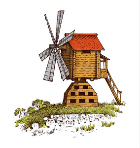 风车景观在复古复古手工画或雕刻风格上, 可用于生态烘焙标志麦田与旧建筑。农村有机农业生产。矢量插图