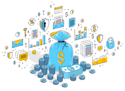 等距三维矢量金融插图与图标,统计图表和设计元素.照片