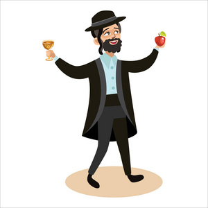 犹太人在传统的衣服持有红苹果和玻璃与葡萄酒.