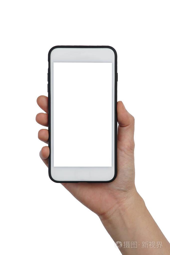 女性手握移动智能手机空触摸屏,隔离在白色背景上.