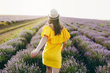 年轻女人的肖像，戴着黄色的连衣裙帽，戴着紫色的薰衣草花朵，在夏季自然背景下，在户外的草地上绽放。 雌性靠近开花灌木。 生活方