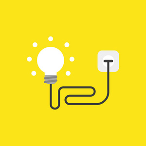 平面矢量图标概念发光灯泡与电缆，插入插座在黄色背景。