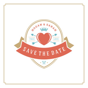 婚礼保存日期邀请卡设计模板矢量插图。婚礼邀请标题老式印刷徽章。