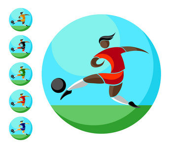 足球运动员踢球。 彩色图标在一个圆圈与天空和草地标志标志足球标志。 不同肤色和种族的足球运动员