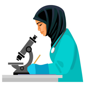 穆斯林女医生通过显微镜和书写. 在医学实验室工作的亚洲女科学家.