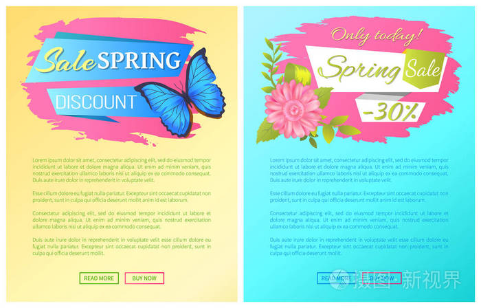 只有今天，春季销售折扣溢价海报春季雏菊花和蓝色蝴蝶矢量插图网页销售优惠券