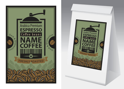 带有复古风格咖啡豆标签的纸包装。 咖啡矢量标签与咖啡磨床条形码和文本和纸3D包装与此标签。