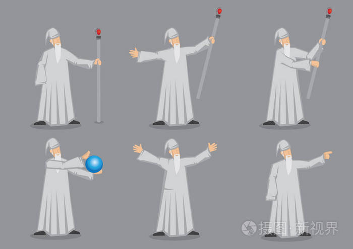 一套六矢量卡通人物的巫师,长着白色胡须,穿着长袍和尖帽,携带道具,如