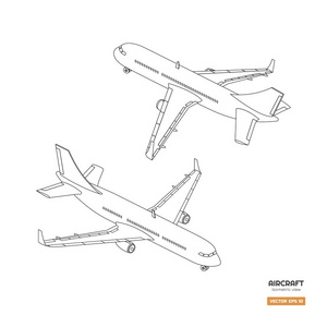 民用等距飞机在外形样式。飞机工业蓝图。前面和后面的视图。打印或图表的平面轮廓图标