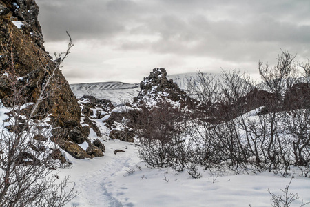 迪姆博吉尔在迈瓦顿冰岛东部有一大片异常形状的熔岩。 冰岛的Myvatn地区。 迪穆堡地区由各种火山洞穴和岩层组成，使人想起一个古