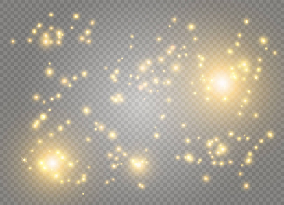 白色的火花和金色的星星闪耀着特殊的光效果。矢量在透明背景上闪闪发光。圣诞节摘要