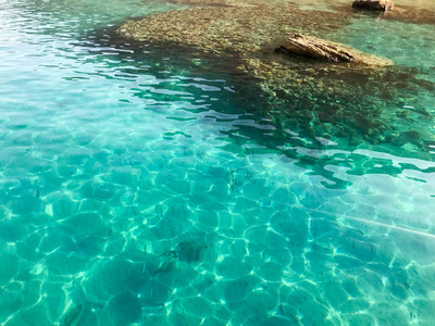 纹理是透明的，湿的，蓝光的，彩虹的，海水的，海水的，海浪的涟漪，美丽的珊瑚礁底部的石头在烈日下。 背景。