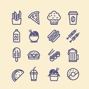 为餐厅或商业创意项目和应用而设的快速食品蓝色图标系列。比萨饼面条玉米卷冰淇淋寿司和炸薯条的元素和象形图