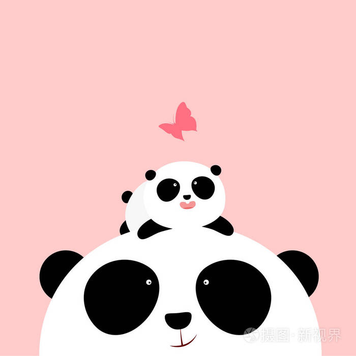 矢量插图:一只可爱的卡通小熊猫躺在爸爸/妈妈的头上看着一只蝴蝶.