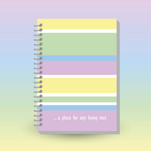 矢量封面日记或笔记本与环形螺旋粘合剂格式A5布局小册子概念粘贴彩色水平条黄，绿色，蓝色和紫色雨波