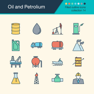 石油和汽油图标。 填充轮廓设计集合14。用于演示图形设计移动应用程序网页设计信息图表。 矢量图。