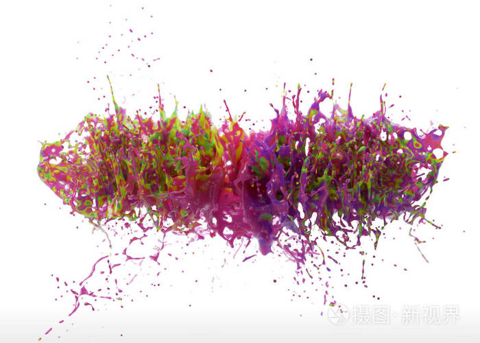 彩色飞溅的三维渲染许多颜色在一个液体滴中扩散抽象油漆爆炸孤立在