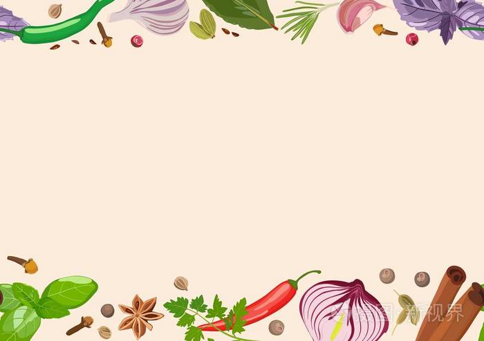香料和调味品的光背景烹调产品矢量插图