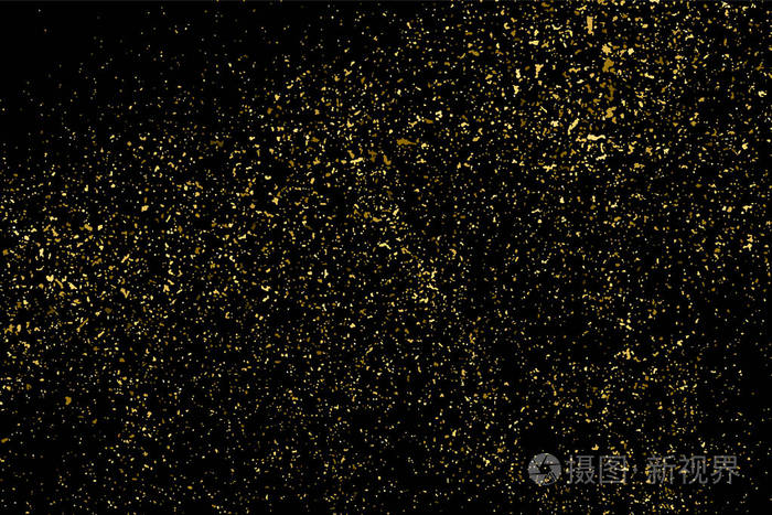 金色闪光的纹理隔离在黑色上. 琥珀颗粒的颜色. 庆祝背景.