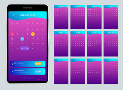 电话的日历2019。向量日历2019年。设置12个日历页。五颜六色的套装。星期从星期日开始。基本网格