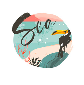 手绘矢量抽象卡通夏季时间图形插图模板背景徽章设计与海洋海滩风景, 粉红色日落和秀丽巨嘴鸟鸟与海排版文本
