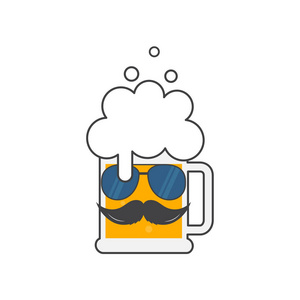 带太阳镜和胡子的啤酒杯。 啤酒节，嬉皮士海报设计。 符号模板标志。 矢量插图平面设计。 孤立的。