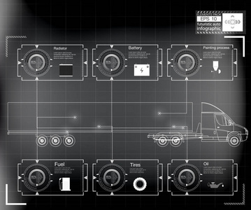 未来主义的用户界面。 货运和运输的信息图表。汽车信息图表模板。 抽象虚拟图形触摸用户界面。 汽车诊断。 科学文摘。 矢量图。