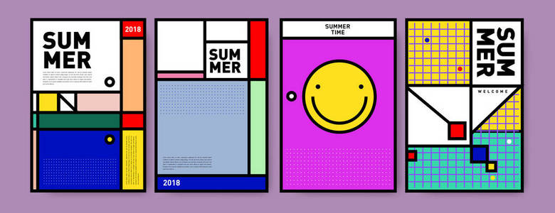 夏季彩色海报设计模板。 一套夏季销售背景和插图。 夏季活动海报和横幅的极简设计风格。