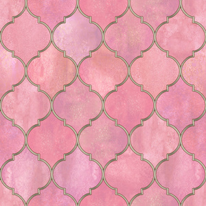老式装饰摩洛哥无缝图案与闪光线。 水彩手绘粉红色彩色玻璃窗设计。 水彩几何东方元素。 纺织壁纸包装印花