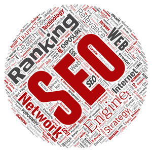 矢量概念搜索结果引擎优化顶级SEO圆形红色在线互联网词云文本隔离在后台。 营销策略网页内容相关性网络概念