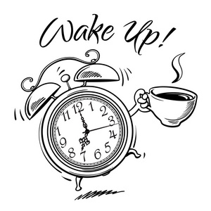 唤醒短信. 素描风格黑白手绘矢量插图隔离在白色背景上.照片