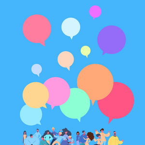 休闲人群聊天气泡站在一起男人女人性格多样性构成蓝色背景男性女性卡通肖像平