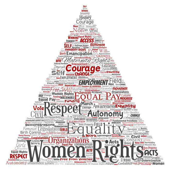 矢量概念女性权利平等自由意志三角形箭头红色字云孤立背景.