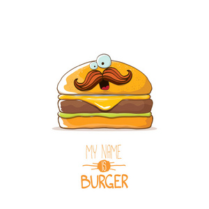 矢量卡通可爱的汉堡字符与奶酪, 肉类和沙拉图标被隔离在白色的背景。我的名字是汉堡矢量概念插图