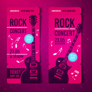 矢量插图粉色摇滚音乐会门票设计模板，背景为黑色吉他和酷酷的咕噜声效果