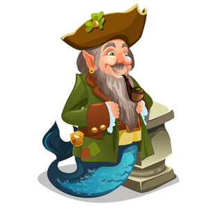 妖精鱼水手美人鱼男子妖精吸烟的烟草隔离在白色的背景.